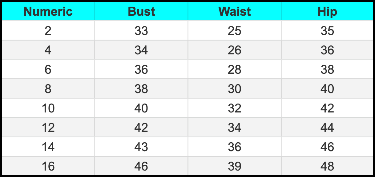 Playful Promises Swimwear Sizing Chart